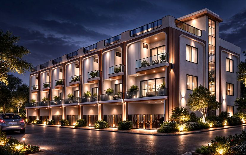 Raj Villa illuminated corner elevation at night