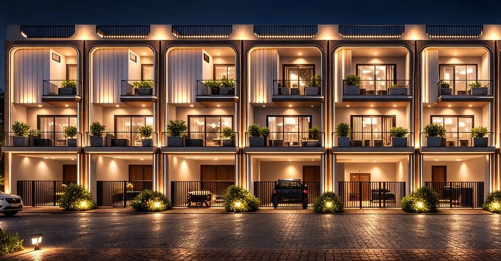 Raj Villa night elevation with warm lighting